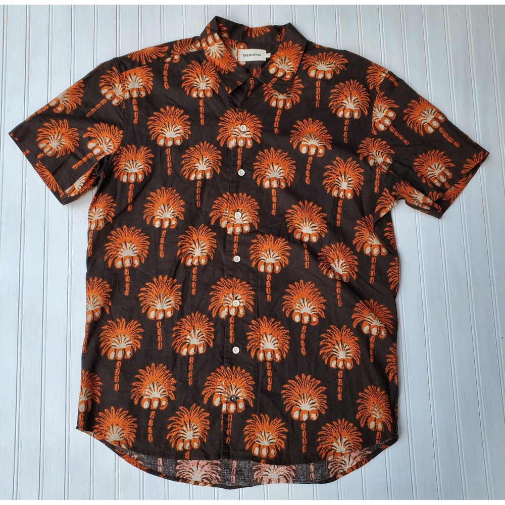 Taylor Stitch Mens 42 Brown Orange Palm Tree Print Cotton Linen Button Down - Picture 2 of 6